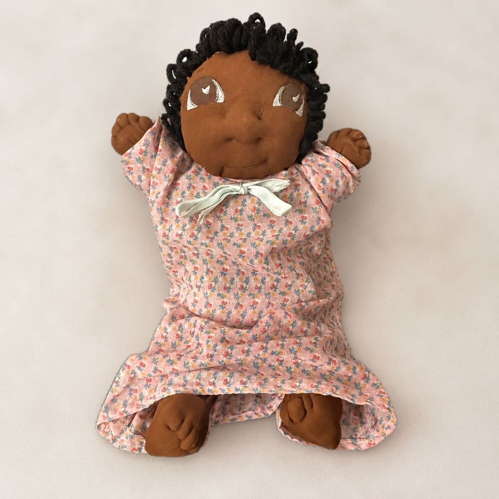 Vintage Handmade Black Cloth Rag Doll 15" Folk Art Soft Sculpture Floral Dress
